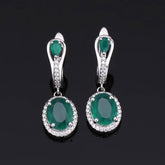 Natural Green Agate Soleste Halo Oval Shape Silver Drop Earrings for Women